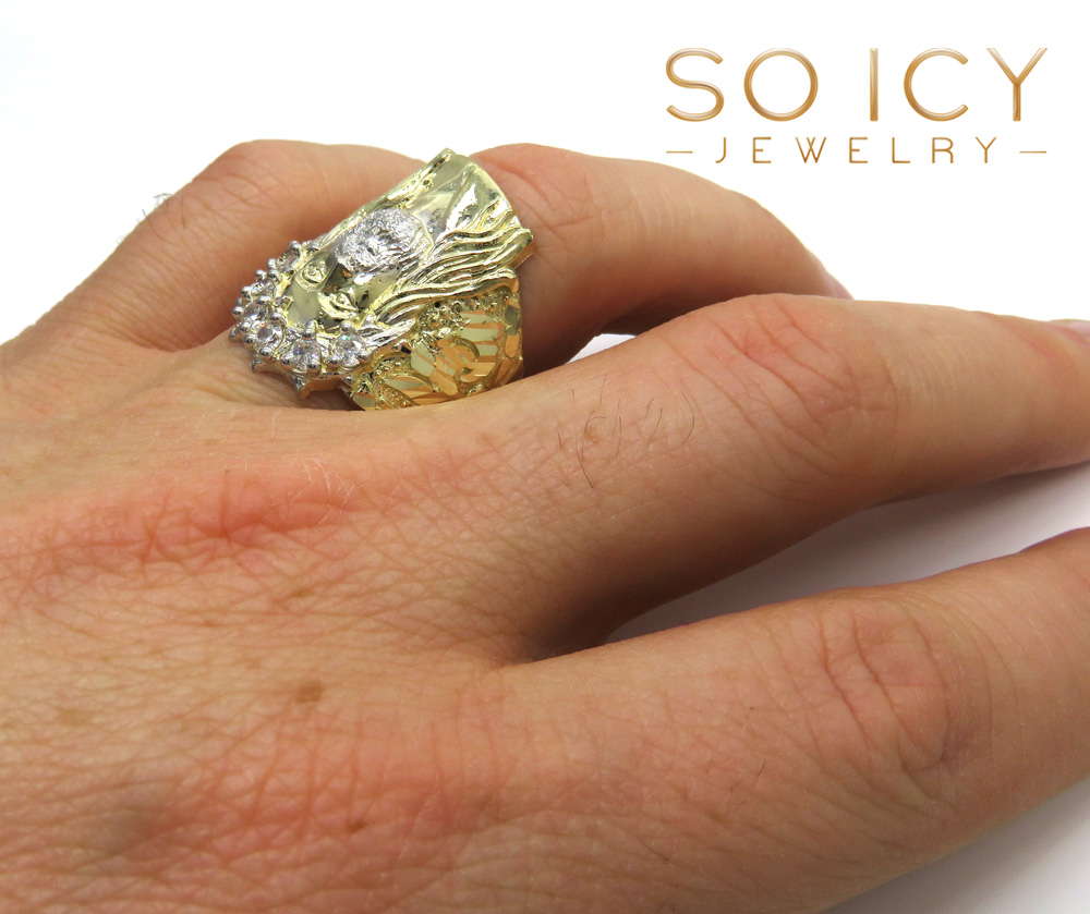 10k yellow gold two tone cz jesus face ring 0.30ct