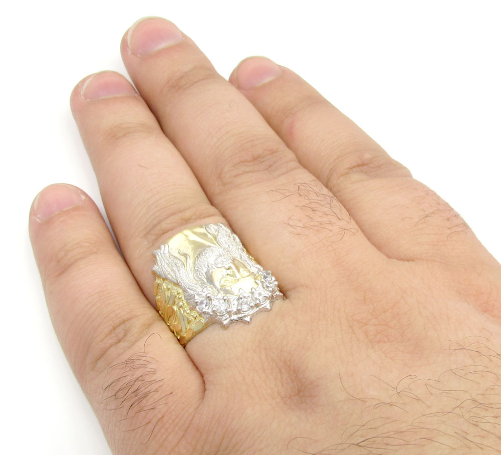 10k yellow gold two tone cz jesus face ring 0.30ct - Image 6