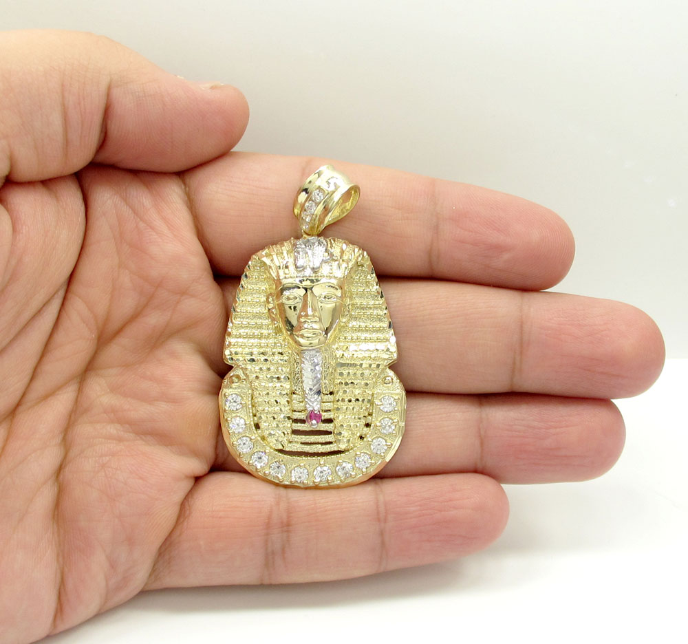 10k yellow gold large cz king tut pharaoh head pendant 0.70ct