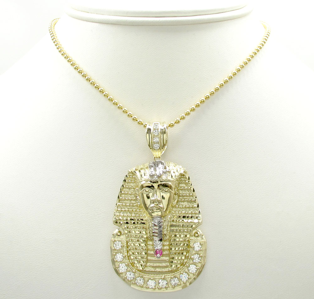 10k yellow gold large cz king tut pharaoh head pendant 0.70ct