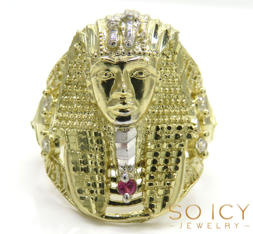 10k yellow gold large cz king tut pharaoh head ring 0.15ct - Image 2