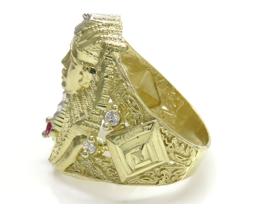 10k yellow gold large cz king tut pharaoh head ring 0.15ct  