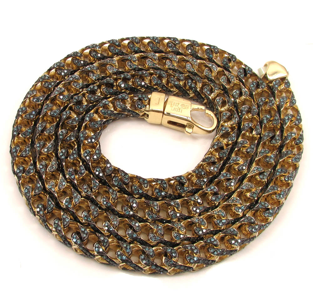 10k solid yellow gold fully iced blue diamond franco chain 26 inch 6mm 11.96ct