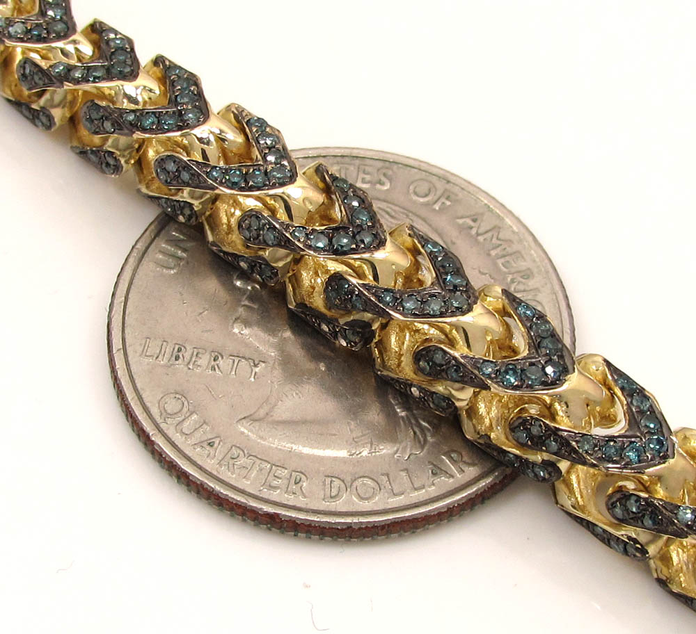 10k solid yellow gold fully iced blue diamond franco chain 26 inch 6mm 11.96ct
