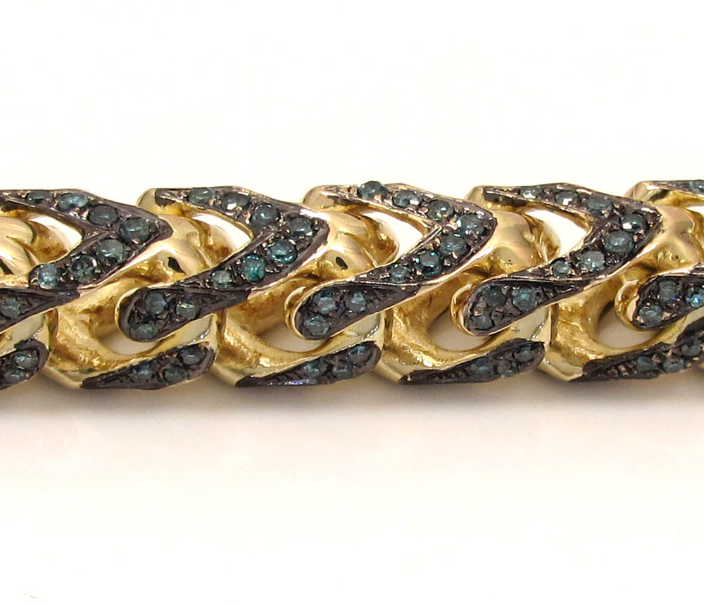 10k solid yellow gold fully iced blue diamond franco chain 26 inch 6mm 11.96ct
