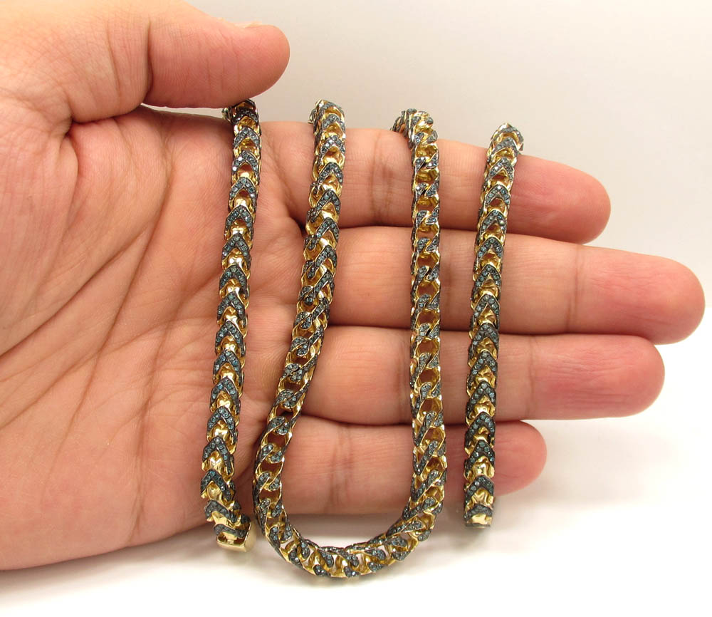 10k solid yellow gold fully iced blue diamond franco chain 26 inch 6mm 11.96ct