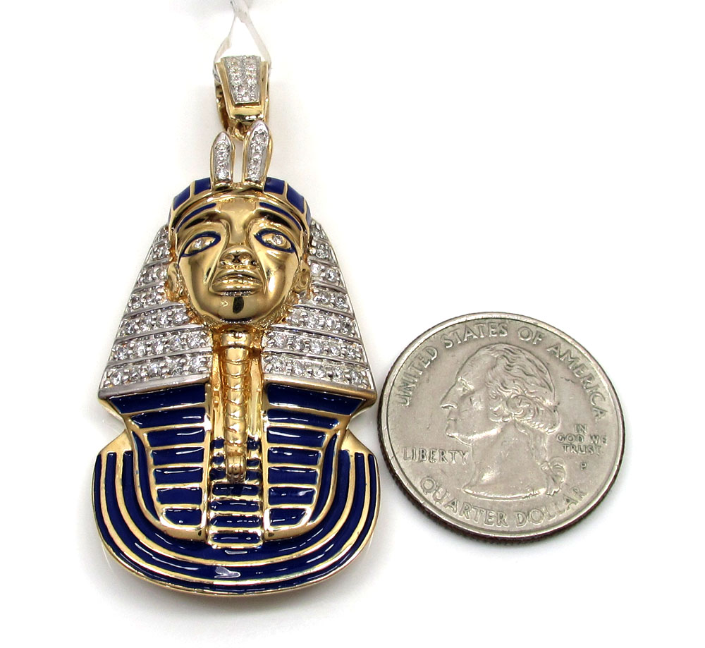14k yellow gold blue enamel king tut pharaoh pendant 0.82ct - Image 2