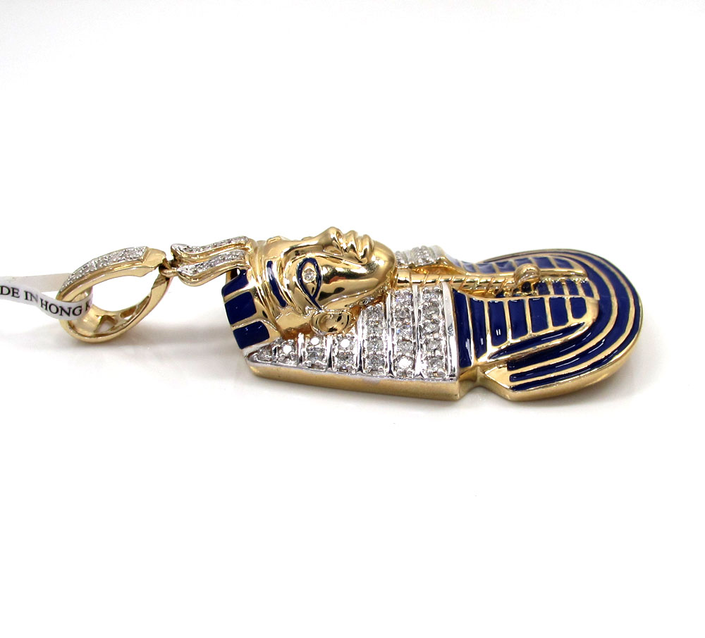 14k yellow gold blue enamel king tut pharaoh pendant 0.82ct
