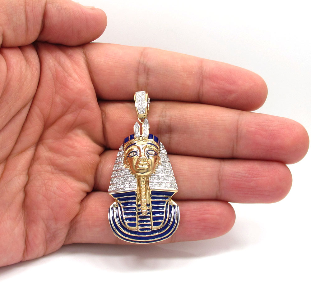 14k yellow gold blue enamel king tut pharaoh pendant 0.82ct - Image 5