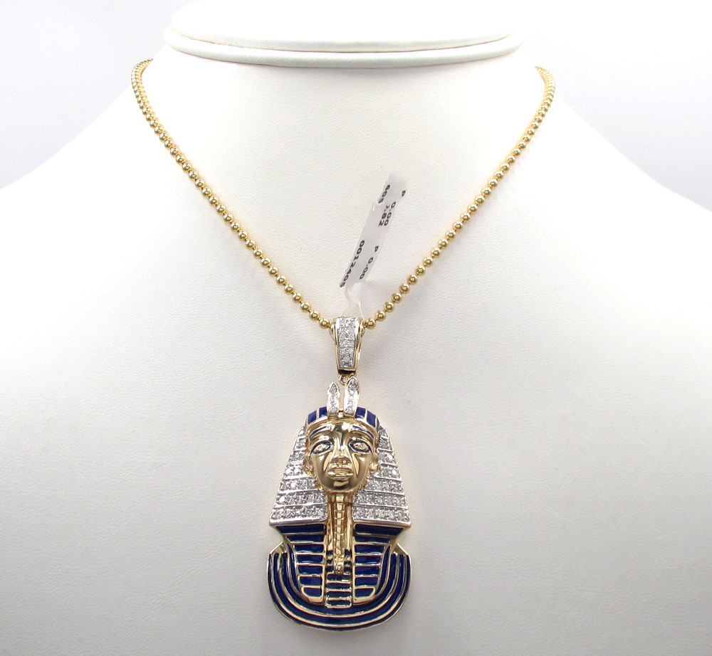 14k yellow gold blue enamel king tut pharaoh pendant 0.82ct