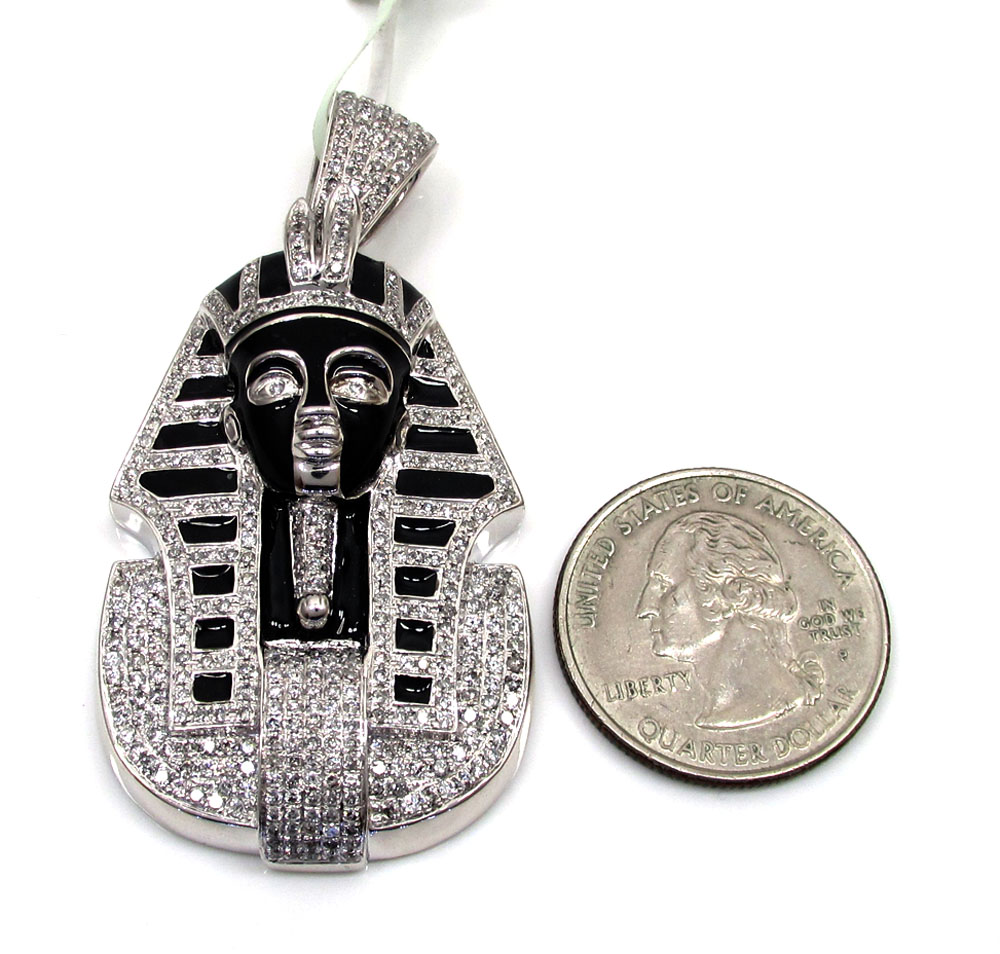 10k white gold black enamel king tut pharaoh pendant 2.54ct