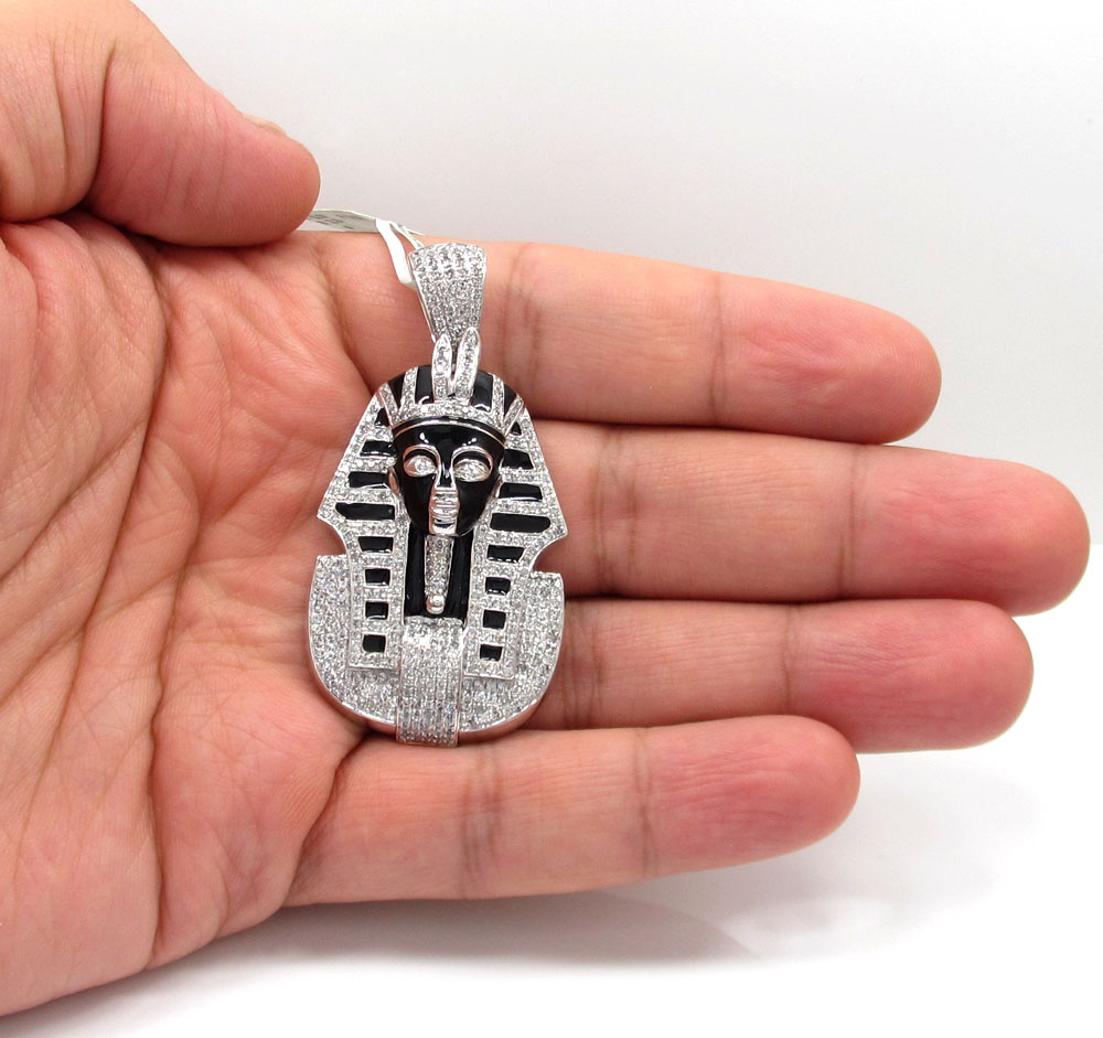 10k white gold black enamel king tut pharaoh pendant 2.54ct