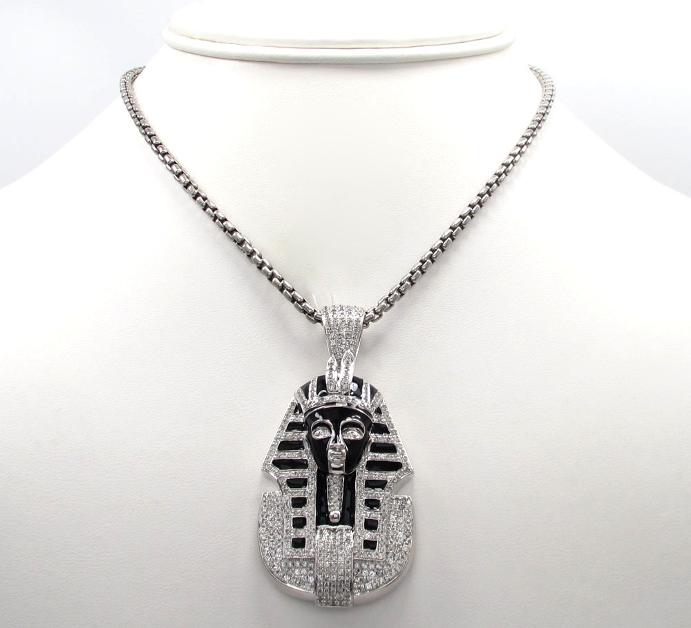 10k white gold black enamel king tut pharaoh pendant 2.54ct