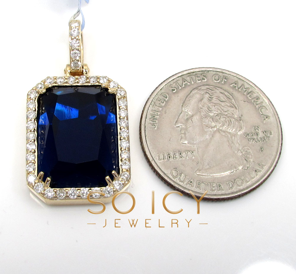 14k yellow gold blue sapphire diamond octagon pendant 0.76ct