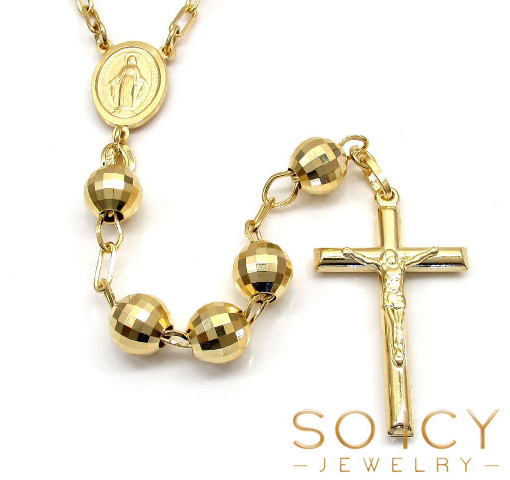 10k yellow gold disco ball bead large rosary chain 30 inch 8mm 