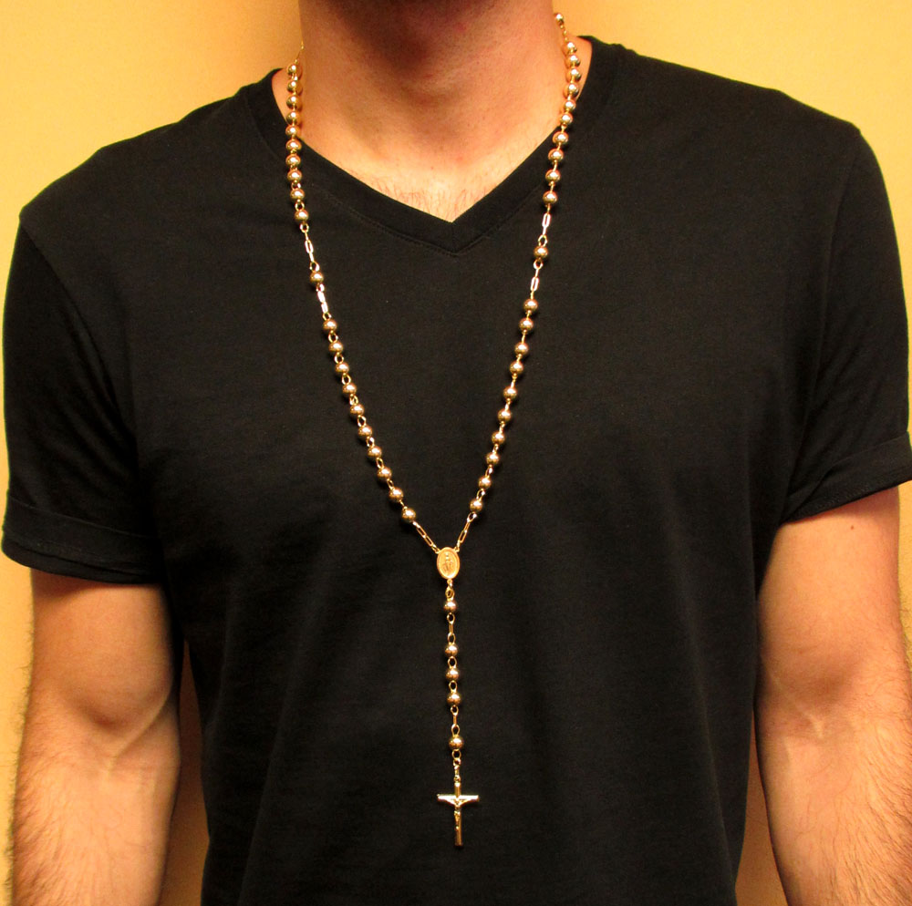 10k yellow gold disco ball bead large rosary chain 30 inch 8mm - Image 7