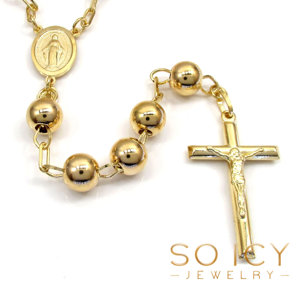 10k yellow gold smooth bead large rosary chain 30 inch 8mm 