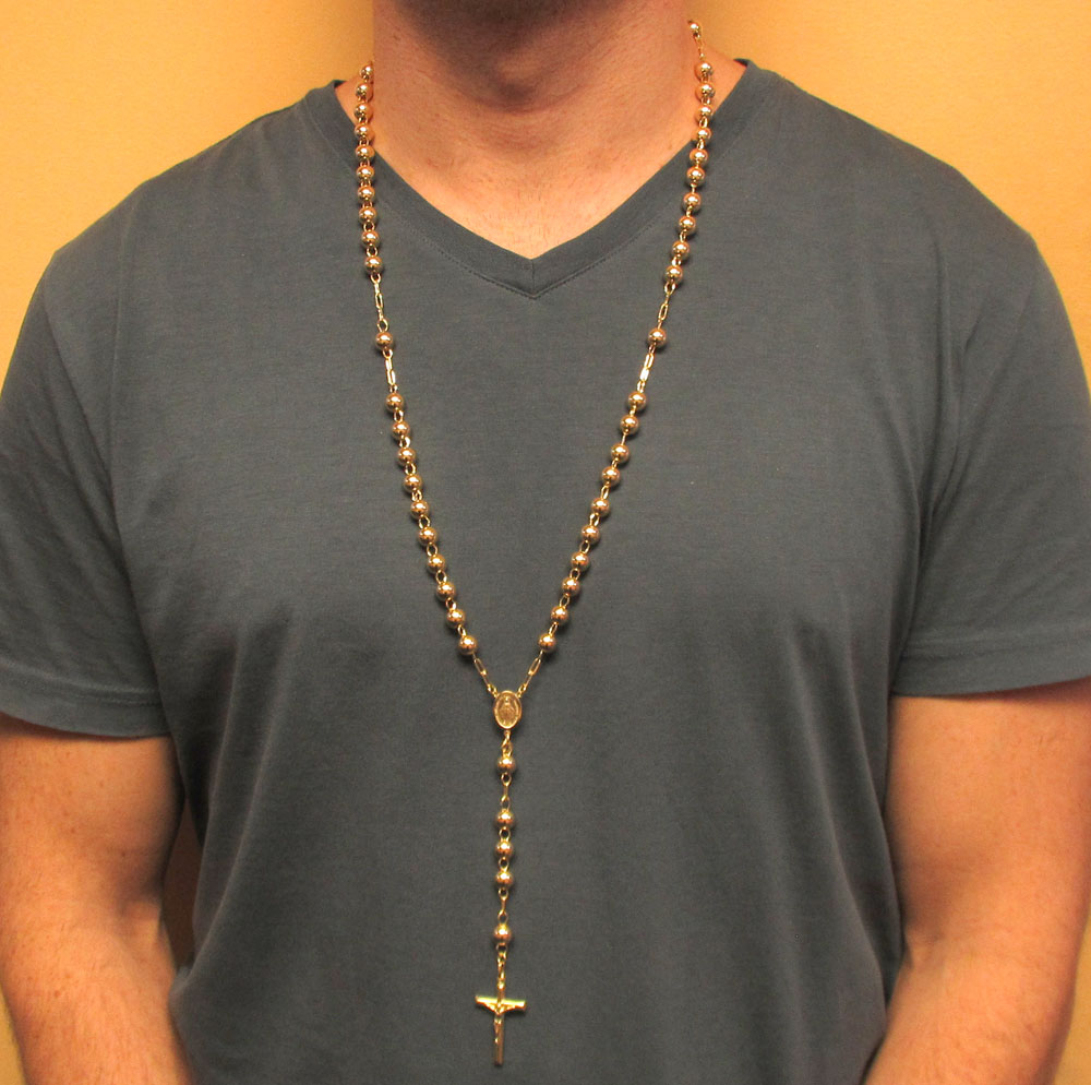 10k yellow gold smooth bead large rosary chain 30 inch 8mm 