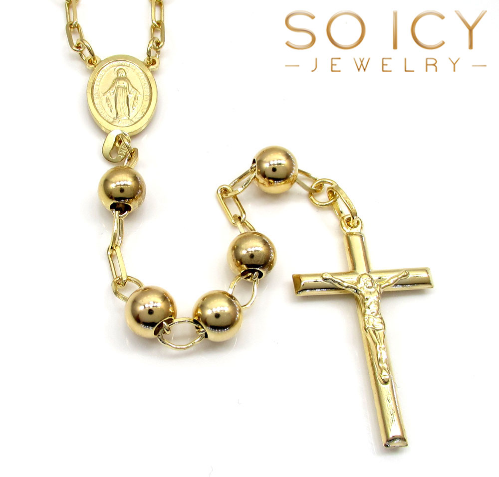 10k yellow gold smooth bead medium rosary chain 30 inch 7mm 