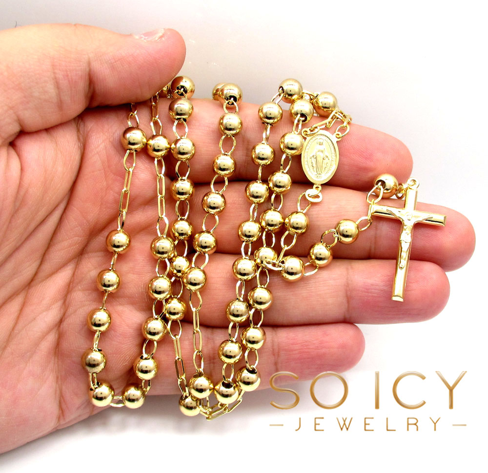 10k yellow gold smooth bead medium rosary chain 30 inch 7mm 