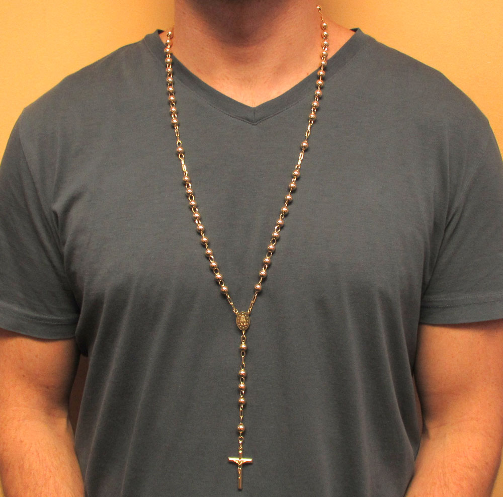10k yellow gold smooth bead medium rosary chain 30 inch 7mm 
