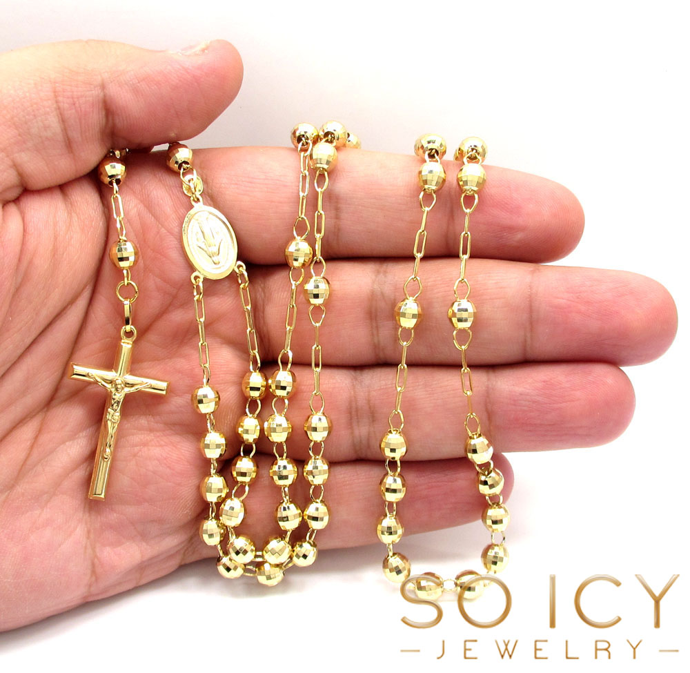 10k Yellow Gold Disco Ball Bead Rosary Chain 26 Inch 5.6mm