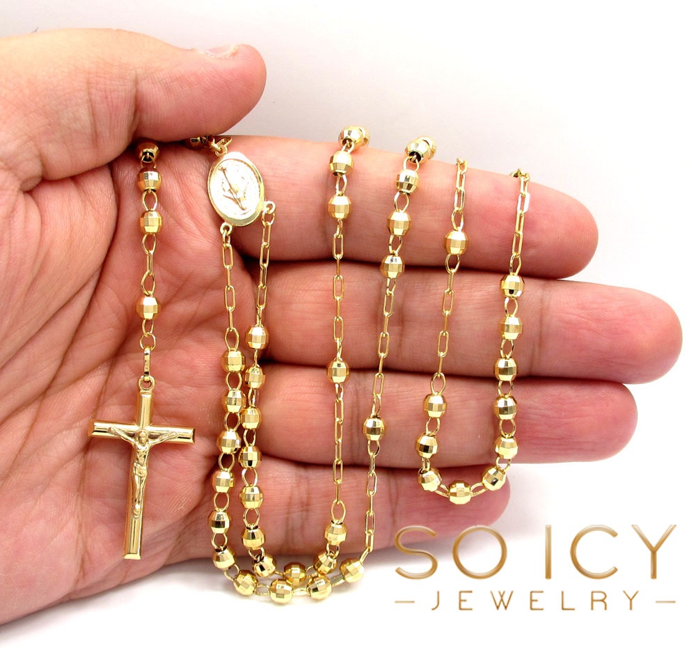10k yellow gold hexagon ball bead rosary chain 26 inch 4.6mm 