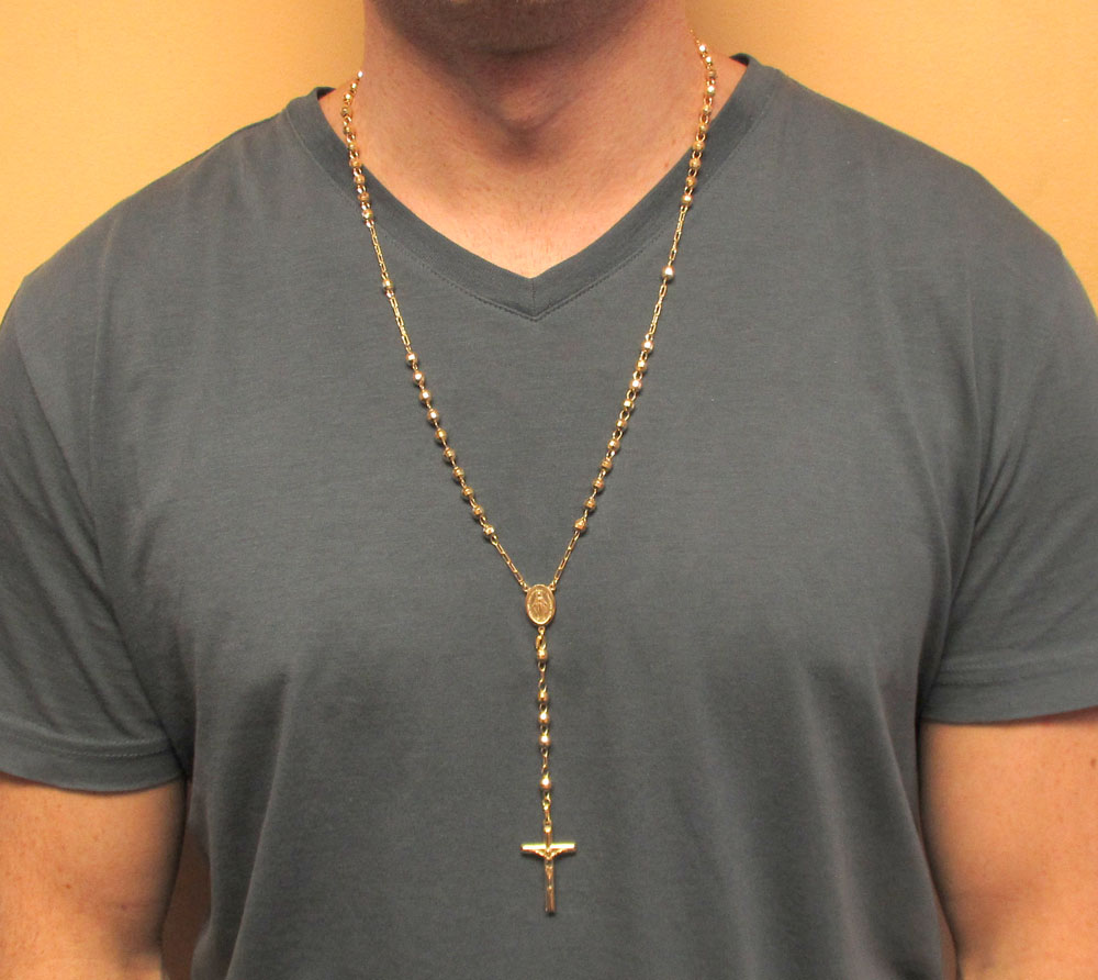 10k yellow gold hexagon ball bead rosary chain 26 inch 4.6mm 