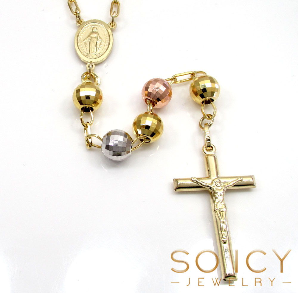 10k yellow gold tri tone disco ball large bead rosary chain 30 inch 7.8mm 