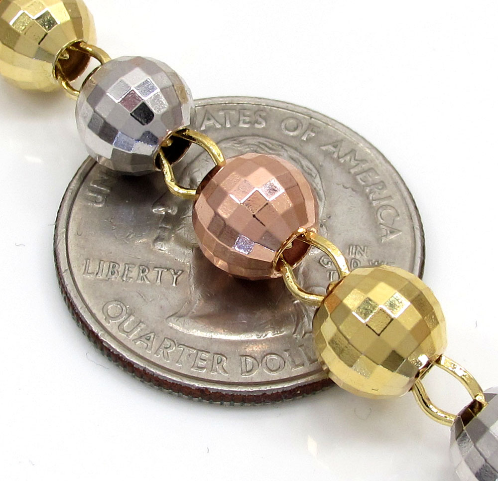 10k yellow gold tri tone disco ball large bead rosary chain 30 inch 7.8mm 