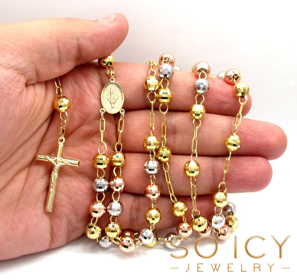 10k yellow gold tri tone disco ball large bead rosary chain 30 inch 7.8mm - Image 6