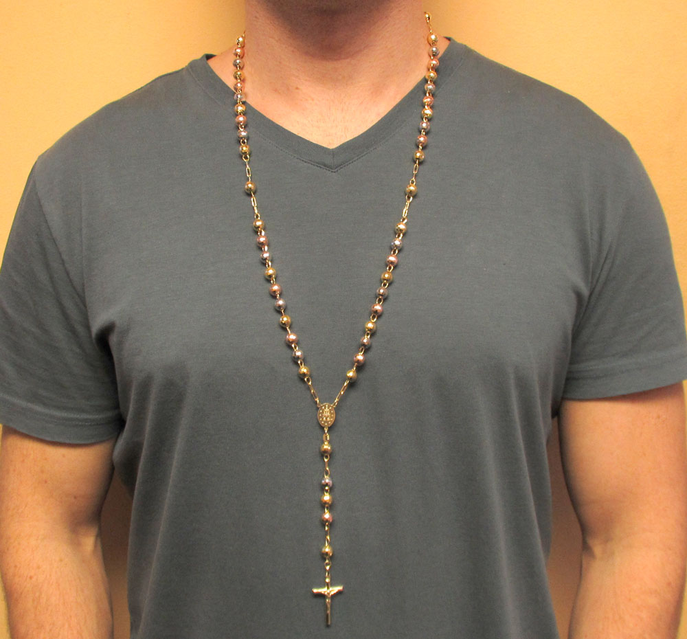 10k yellow gold tri tone disco ball large bead rosary chain 30 inch 7.8mm 