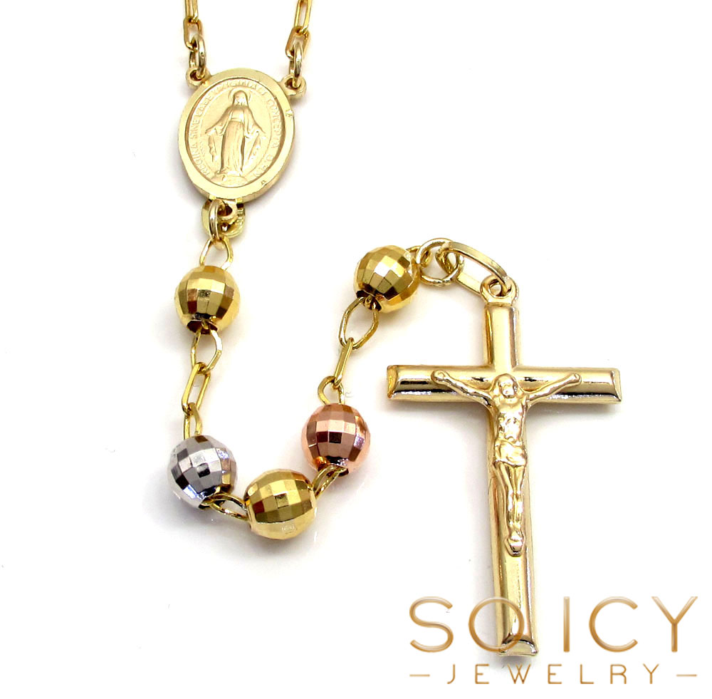 10k yellow gold tri tone disco ball medium bead rosary chain 26 inch 5.8mm  - Image 2