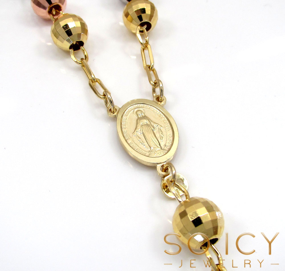 10k yellow gold tri tone disco ball medium bead rosary chain 26 inch 5.8mm 