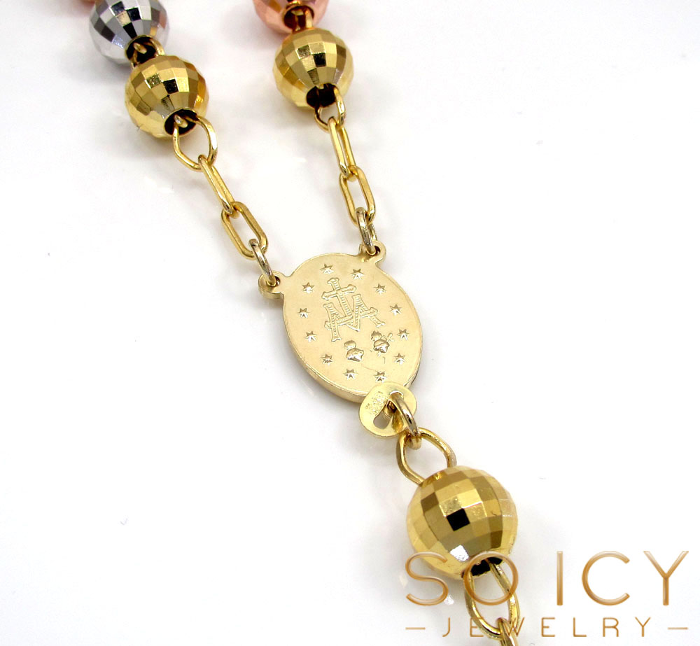 10k yellow gold tri tone disco ball medium bead rosary chain 26 inch 5.8mm 
