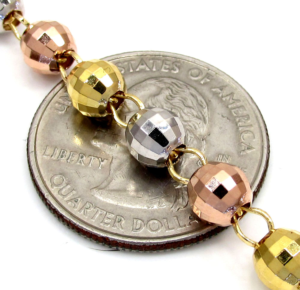 10k yellow gold tri tone disco ball medium bead rosary chain 26 inch 5.8mm 