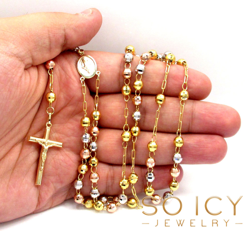 10k yellow gold tri tone disco ball medium bead rosary chain 26 inch 5.8mm 