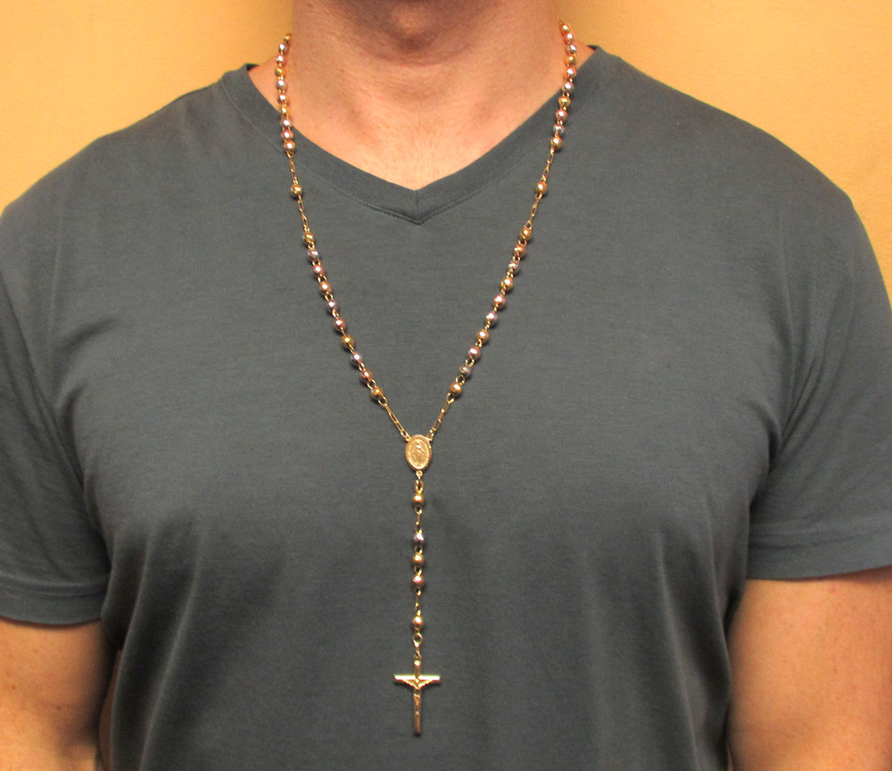 10k yellow gold tri tone disco ball medium bead rosary chain 26 inch 5.8mm 