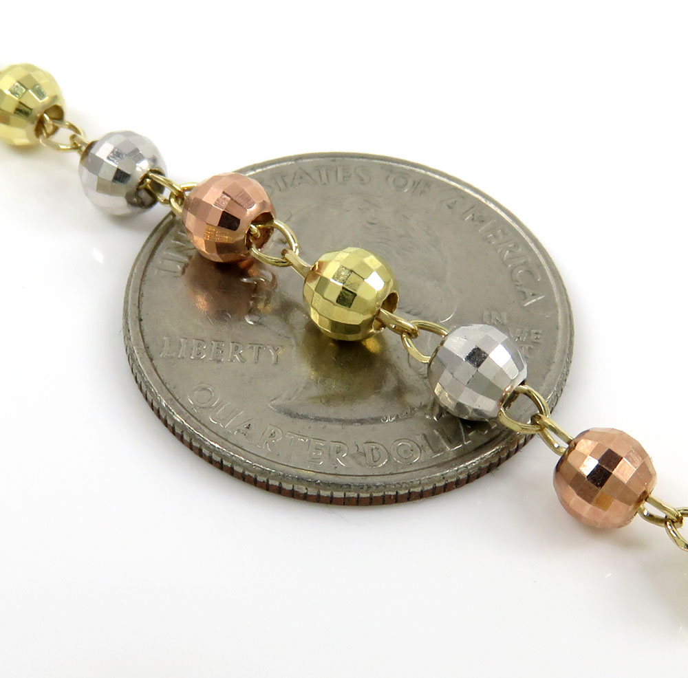 10k yellow gold tri tone disco ball bead rosary chain 26 inch 4.6mm 
