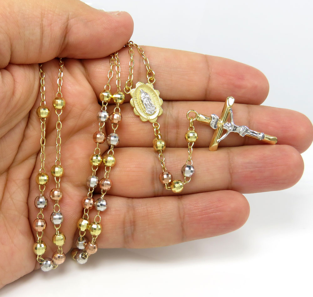 10k yellow gold tri tone disco ball bead rosary chain 26 inch 4.6mm - Image 6