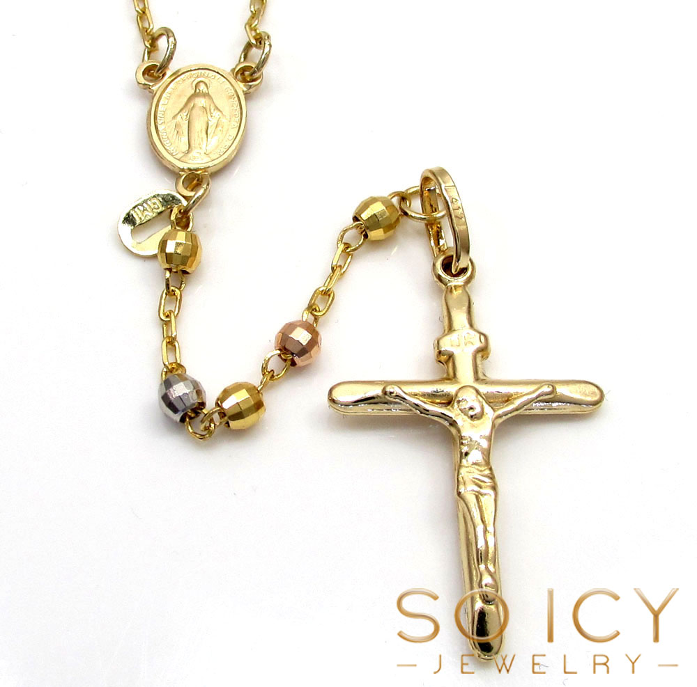 10k yellow gold tri tone disco ball skinny bead rosary chain 26 inch 2.8mm 