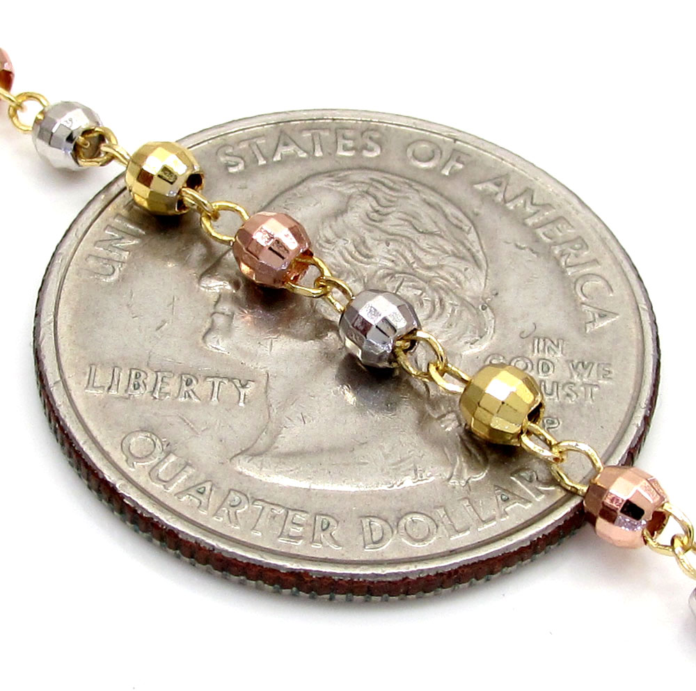 10k yellow gold tri tone disco ball skinny bead rosary chain 26 inch 2.8mm 