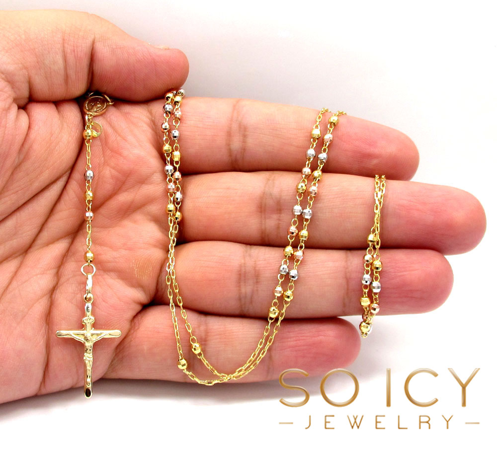 10k yellow gold tri tone disco ball skinny bead rosary chain 26 inch 2.8mm 