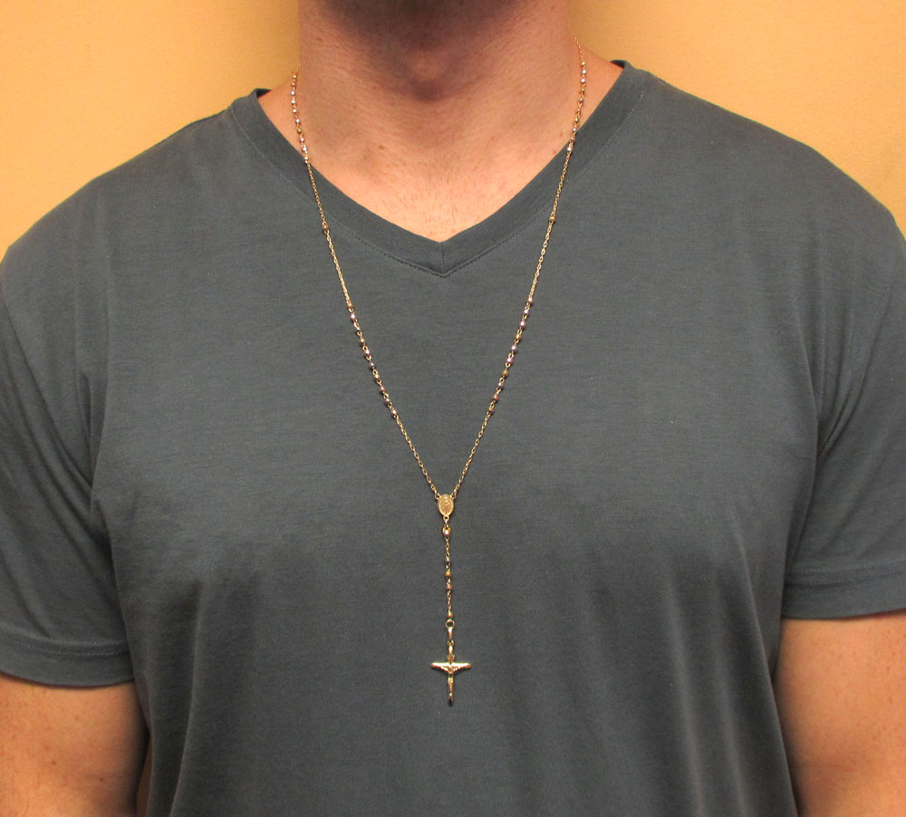 10k yellow gold tri tone disco ball skinny bead rosary chain 26 inch 2.8mm 