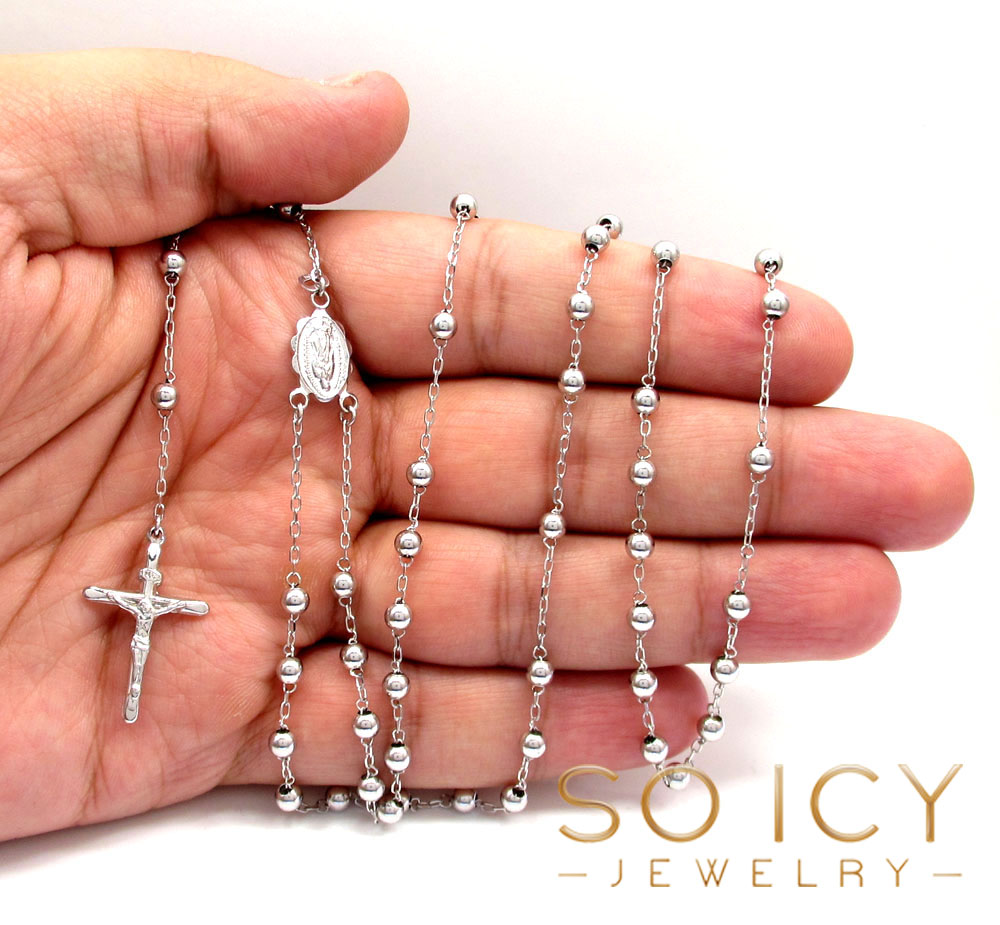 10k white gold smooth bead rosary chain 26 inch 4mm 