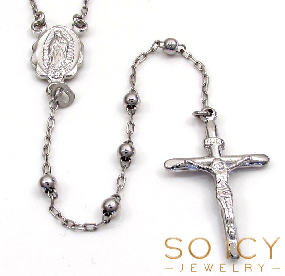 10k white gold smooth bead skinny rosary chain 26 inch 3mm 