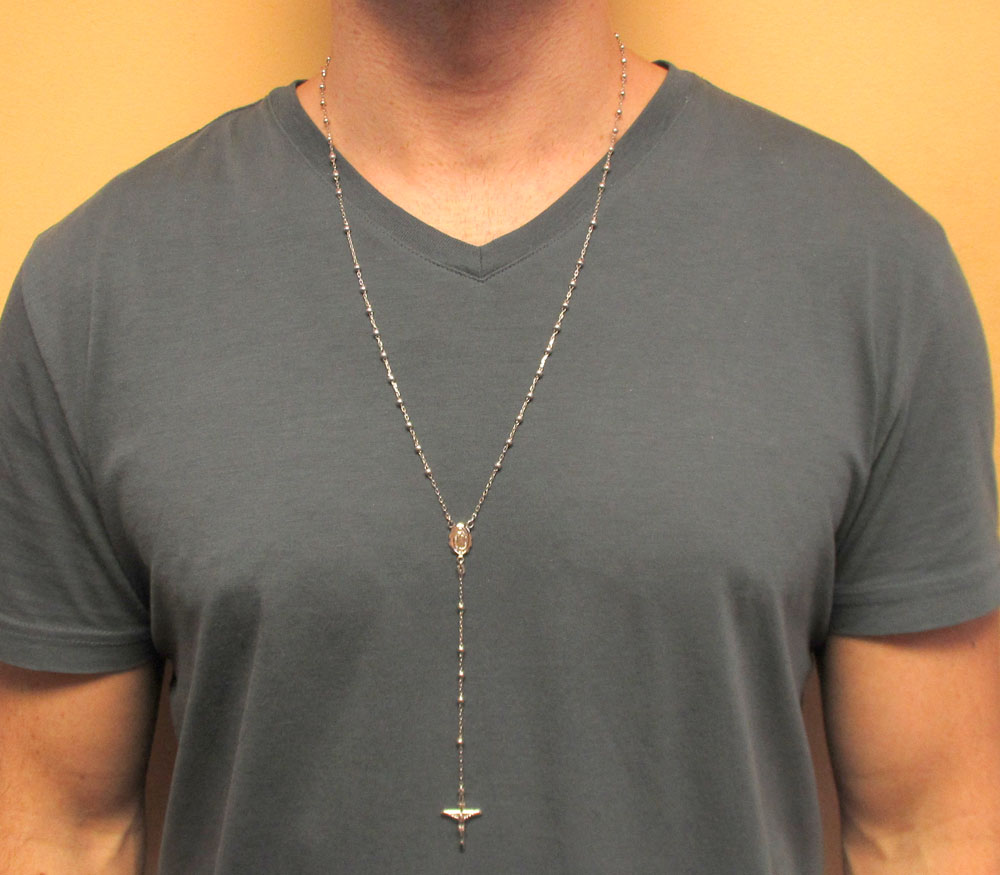 10k white gold smooth bead skinny rosary chain 26 inch 3mm - Image 6