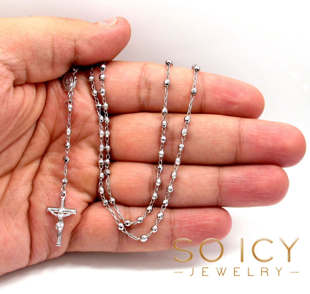 10k white gold disco bead womens rosary chain 16