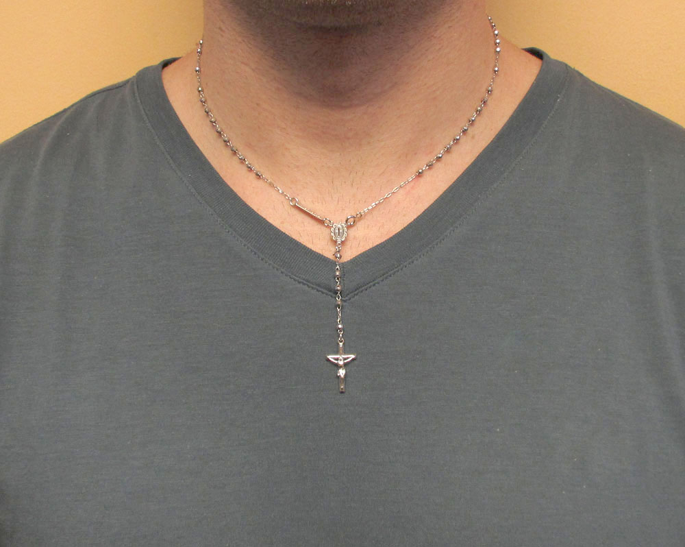 10k white gold disco bead womens rosary chain 16