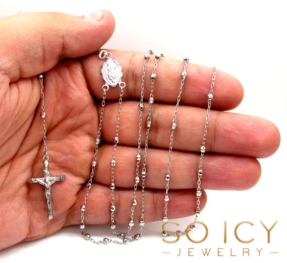 10k white gold diamond cut disco bead super skinny rosary chain 28 inch 2.6mm 